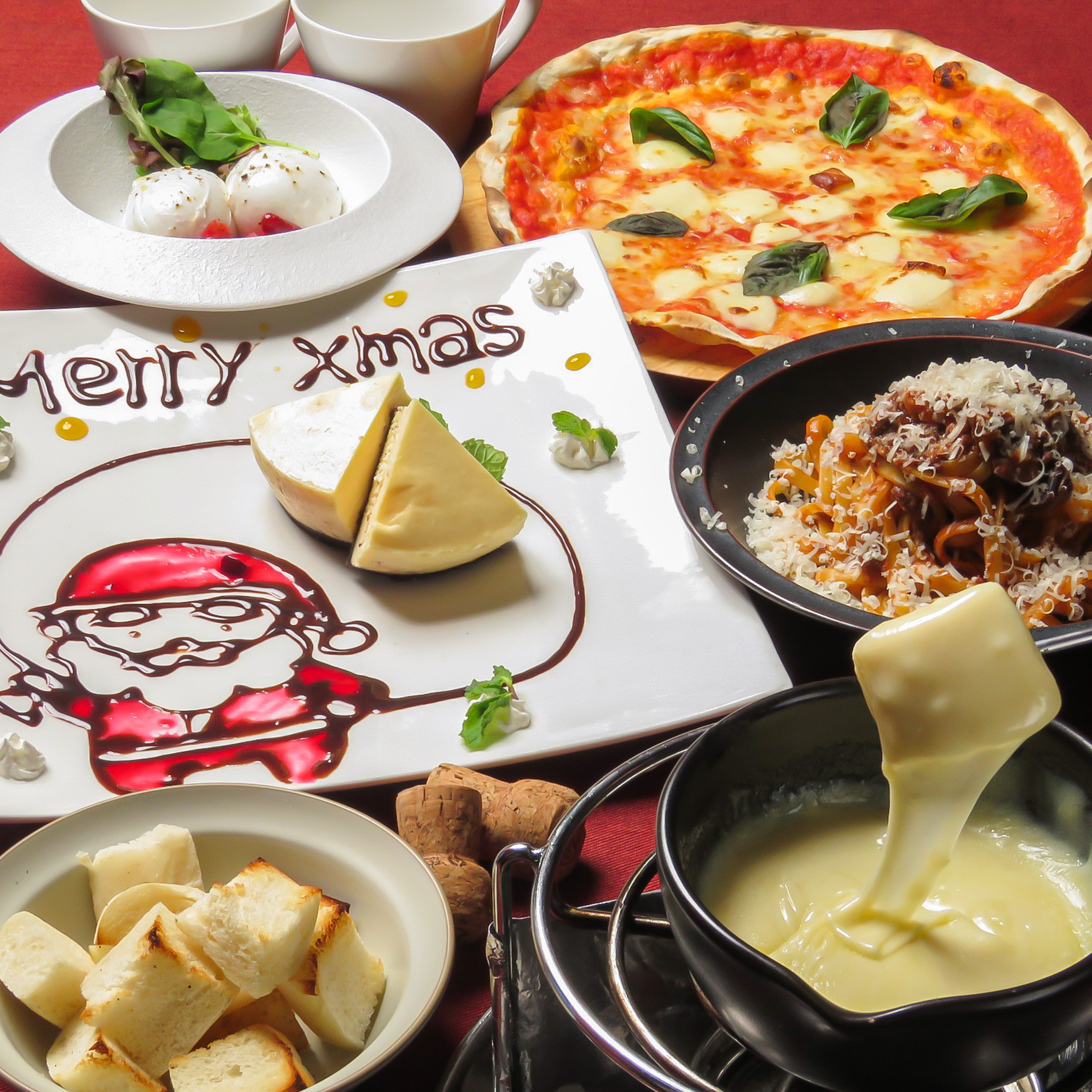 クリスマスシェアコース<br>・最高峰モッツァレラ ディ ブッファラの自家製バルサミコベリーソース<br>・スイス産チーズフォンデュ～フランス産バケットと共に～<br>・選べるローマピザ<br>・雪山パルミジャーノ・レッジャーノチーズと牛すじラグーのタリアテッレパスタ<br>・クリスマスデザートプレート<br>〜しとらかニューヨークチーズケーキ×オリジナル深煎り焙煎コーヒー～